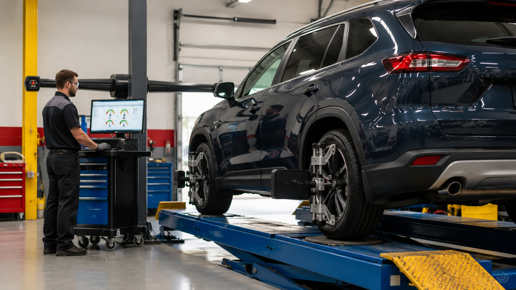 Vehicle on alignment rack inside an auto shop