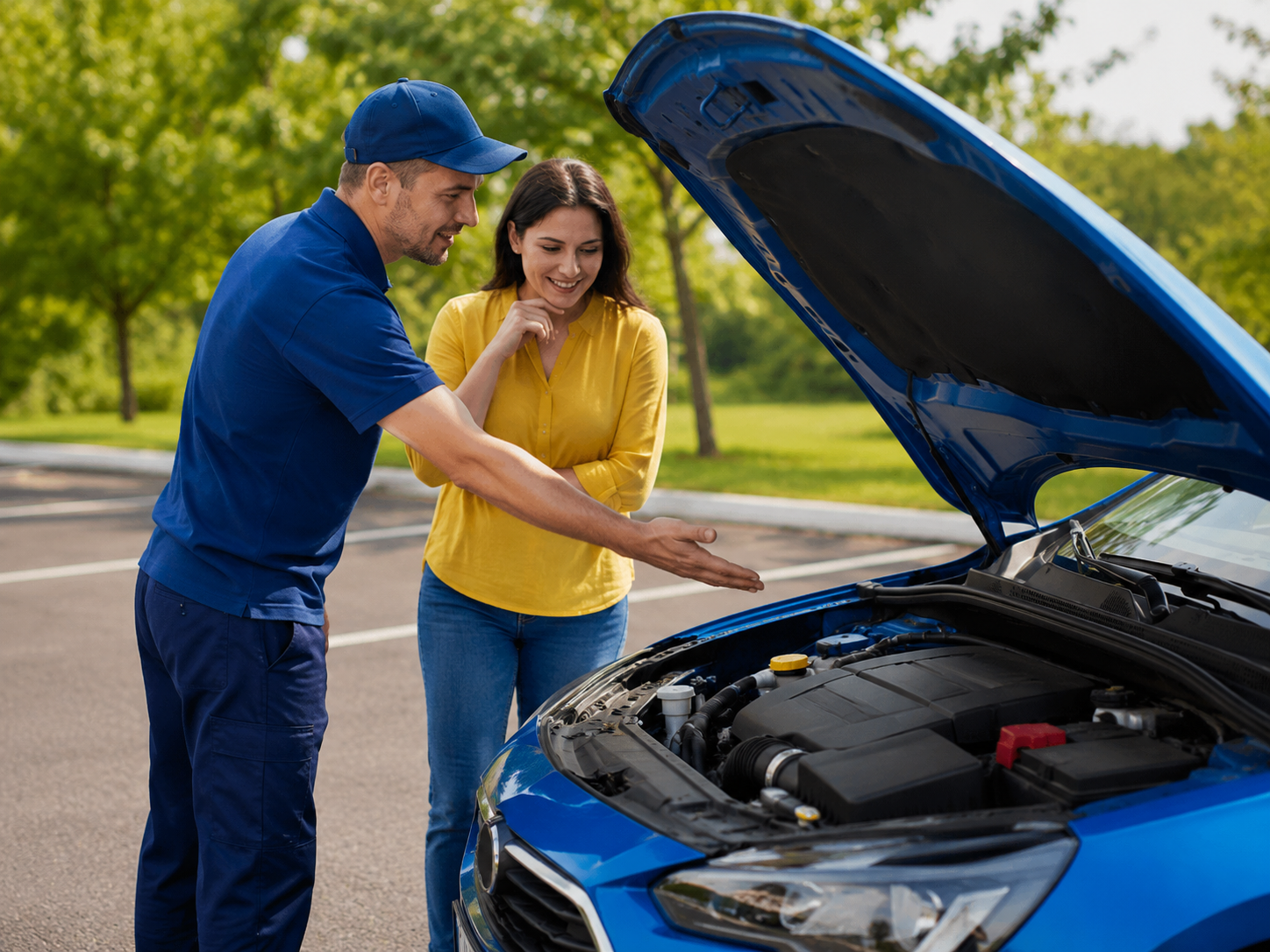 Shop staff explaining a vehicle concern to a customer