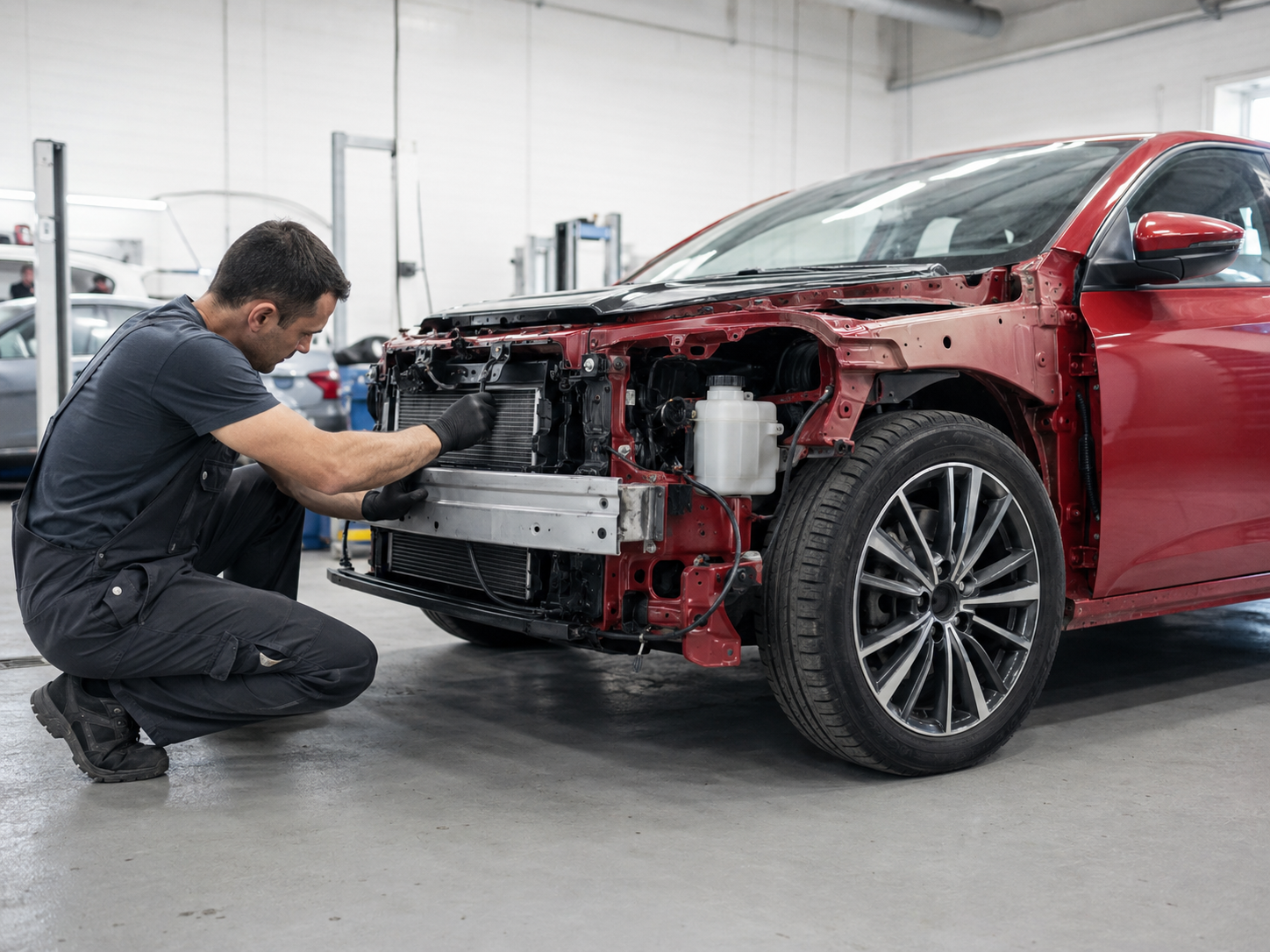Technician inspecting front collision damage