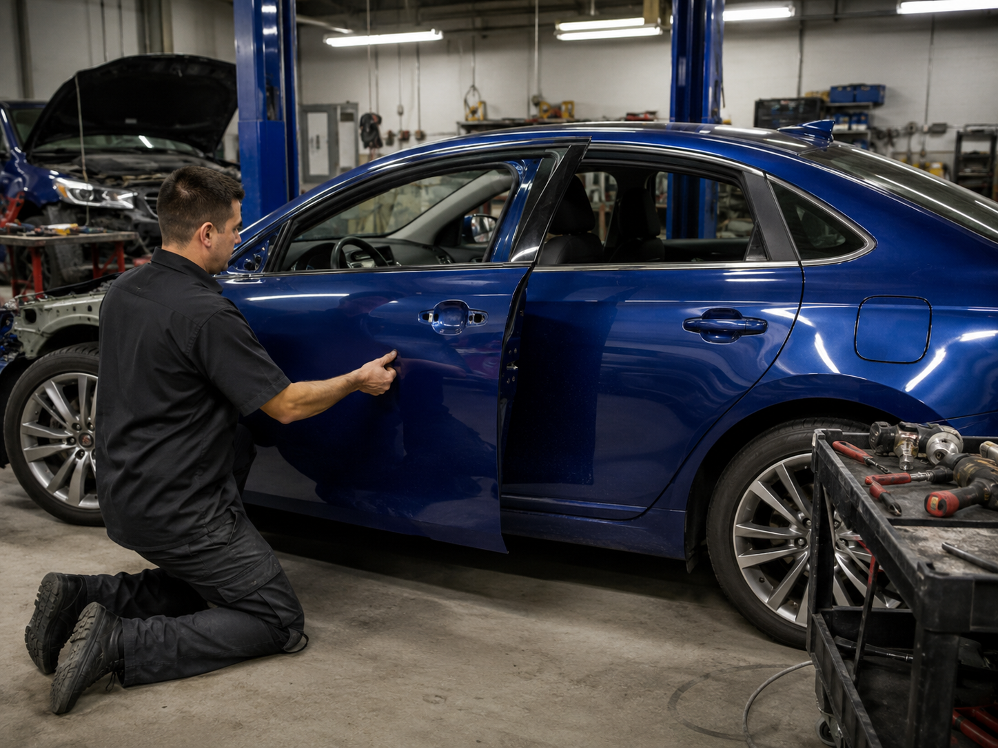 Front collision repair work in progress