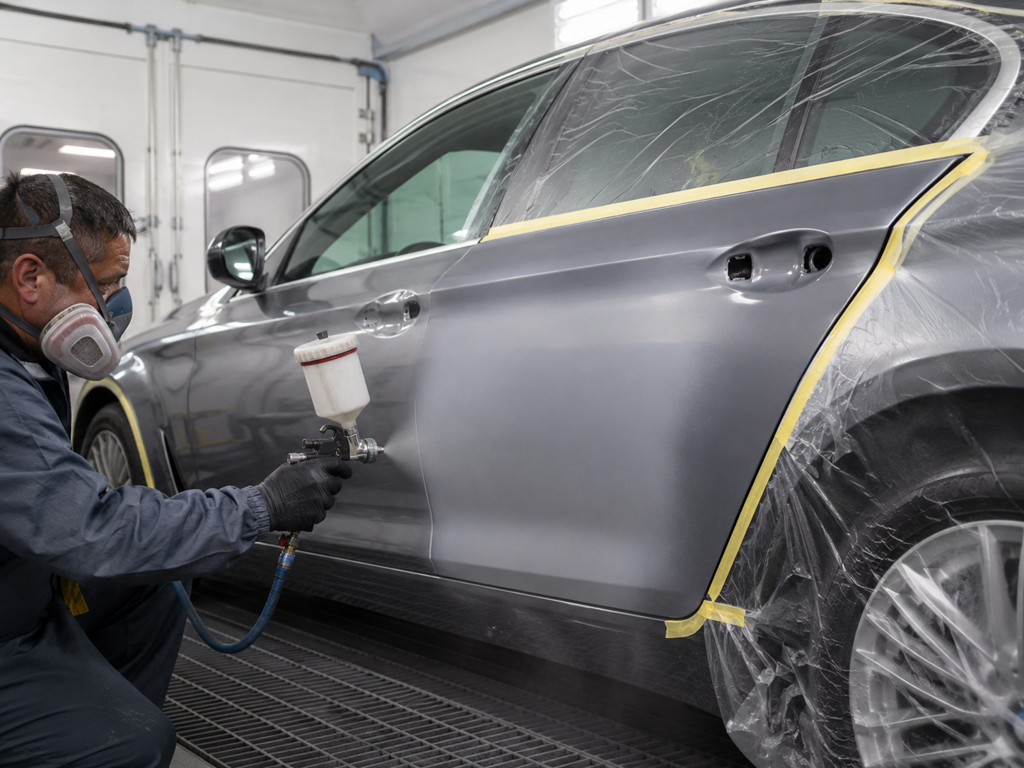 Technician spraying auto paint in booth