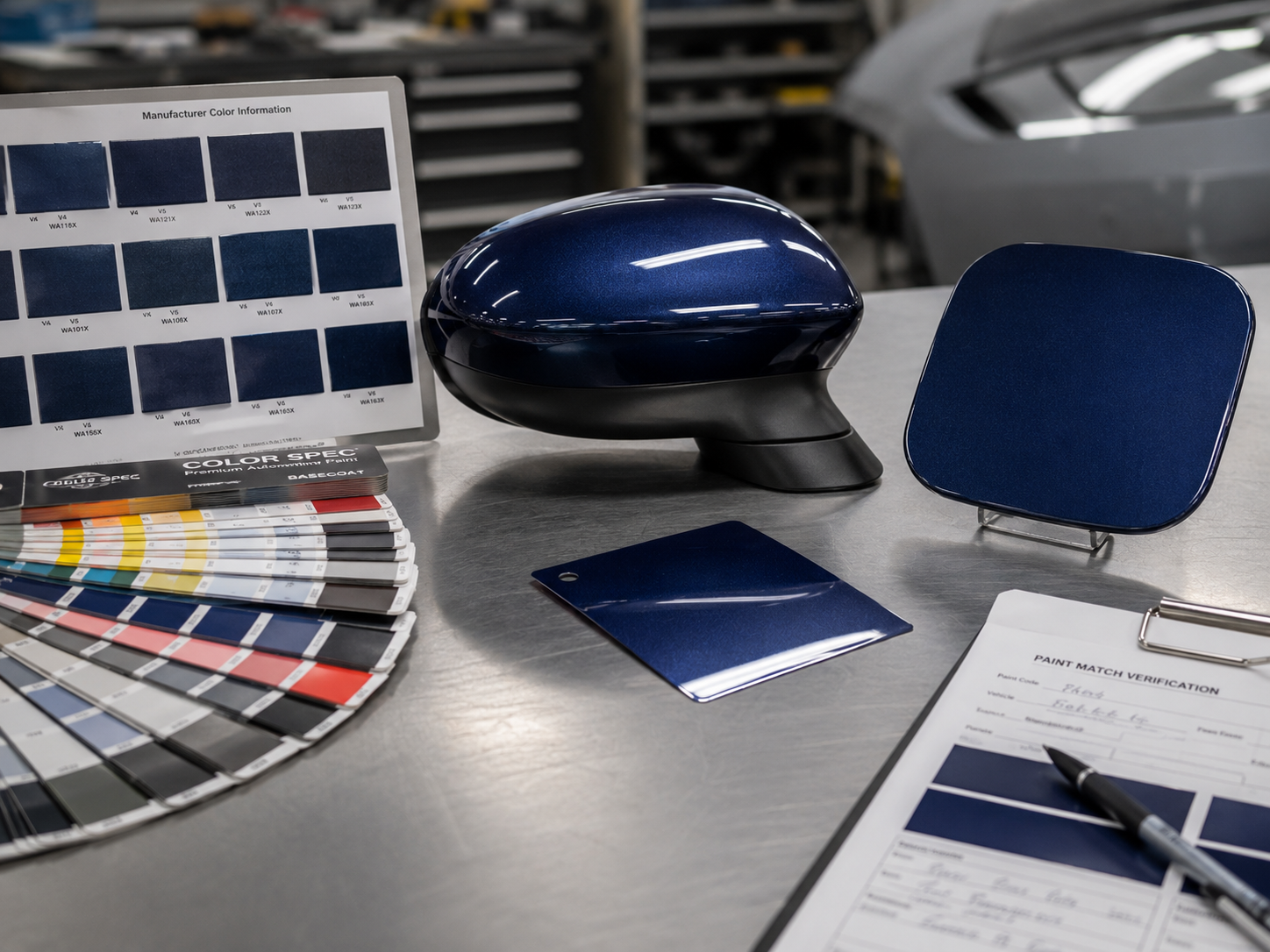 Technician comparing red paint color card