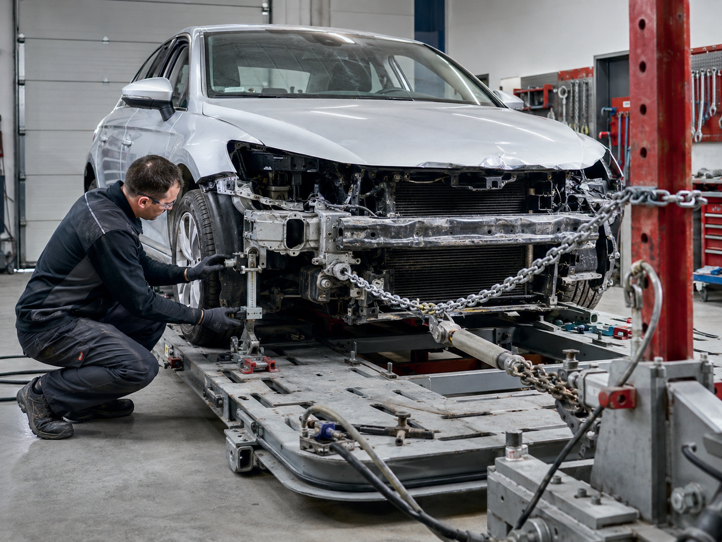 Vehicle on frame straightening rack with chain pulling equipment