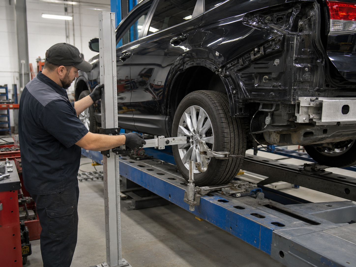 Technicians measuring vehicle frame points