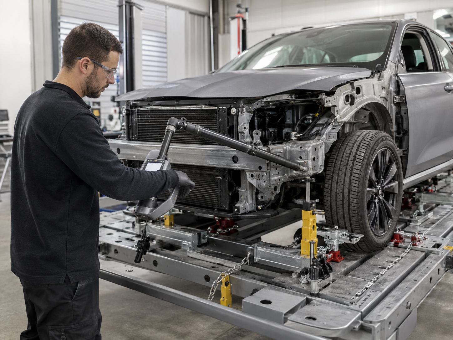Technician using measuring arm on vehicle structure
