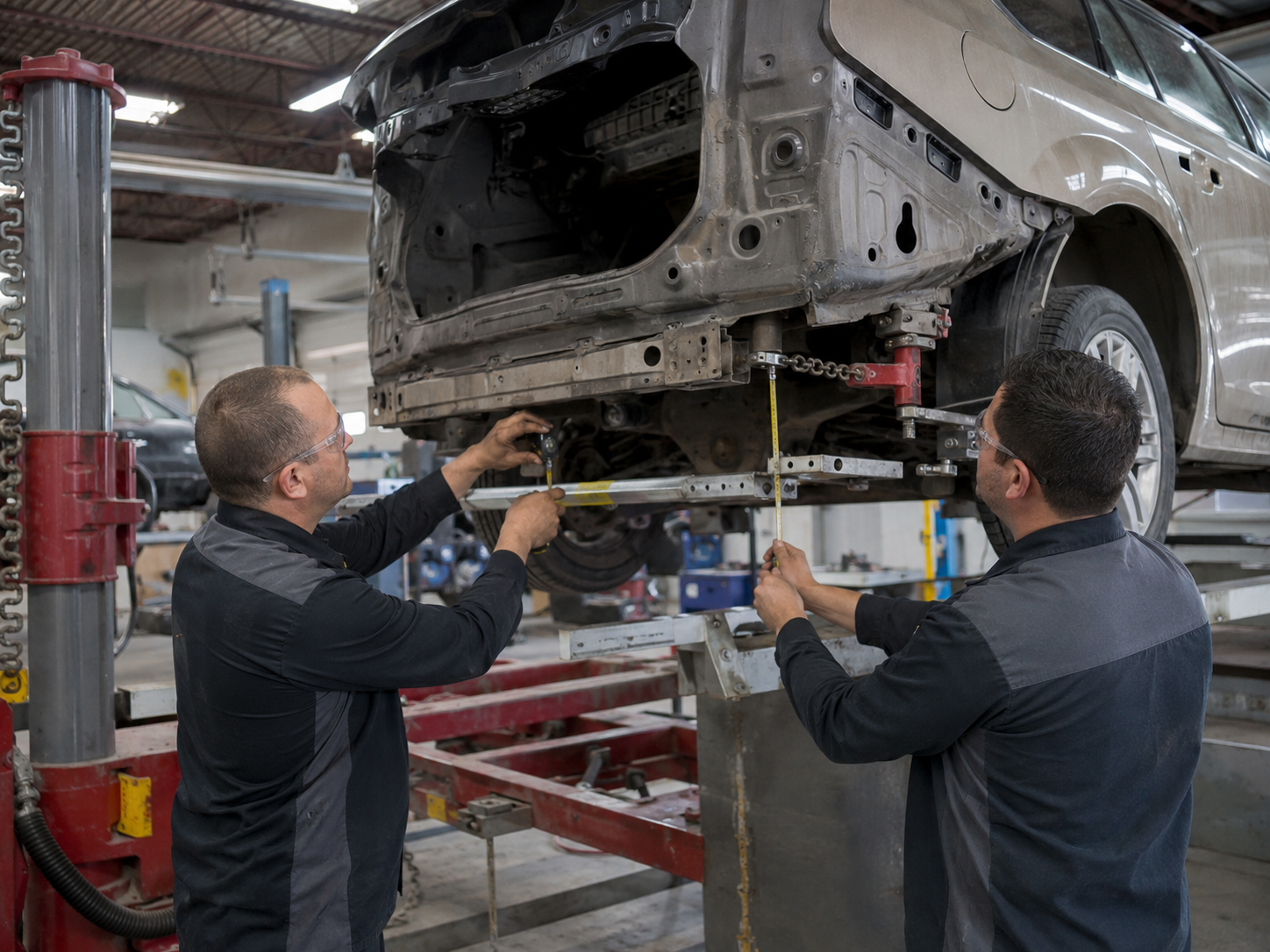 Technician attaching pulling chain to vehicle structure