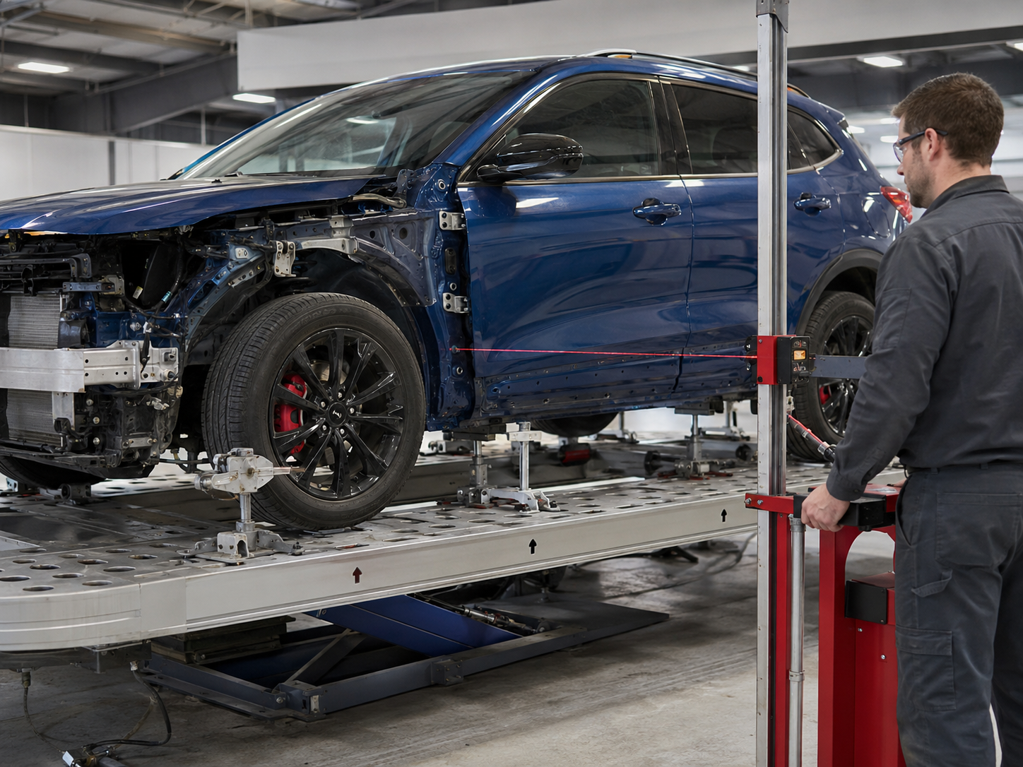 Technician measuring front structure on repair rack