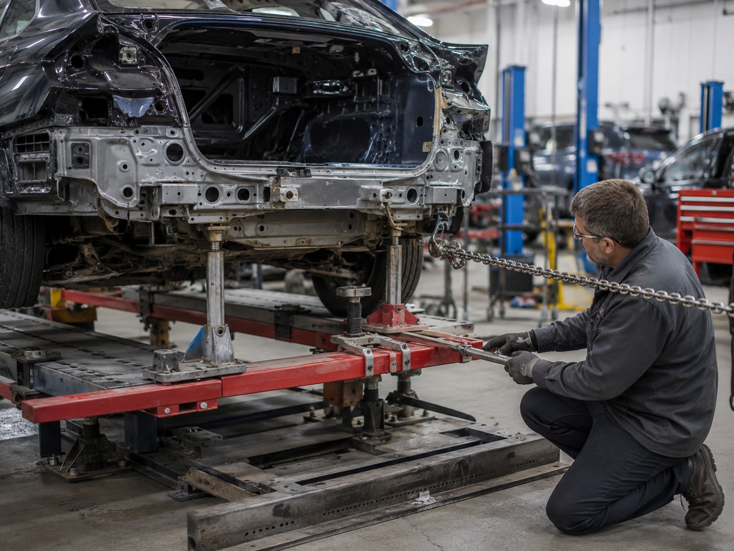 Technician setting measuring equipment near rear wheel and quarter structure