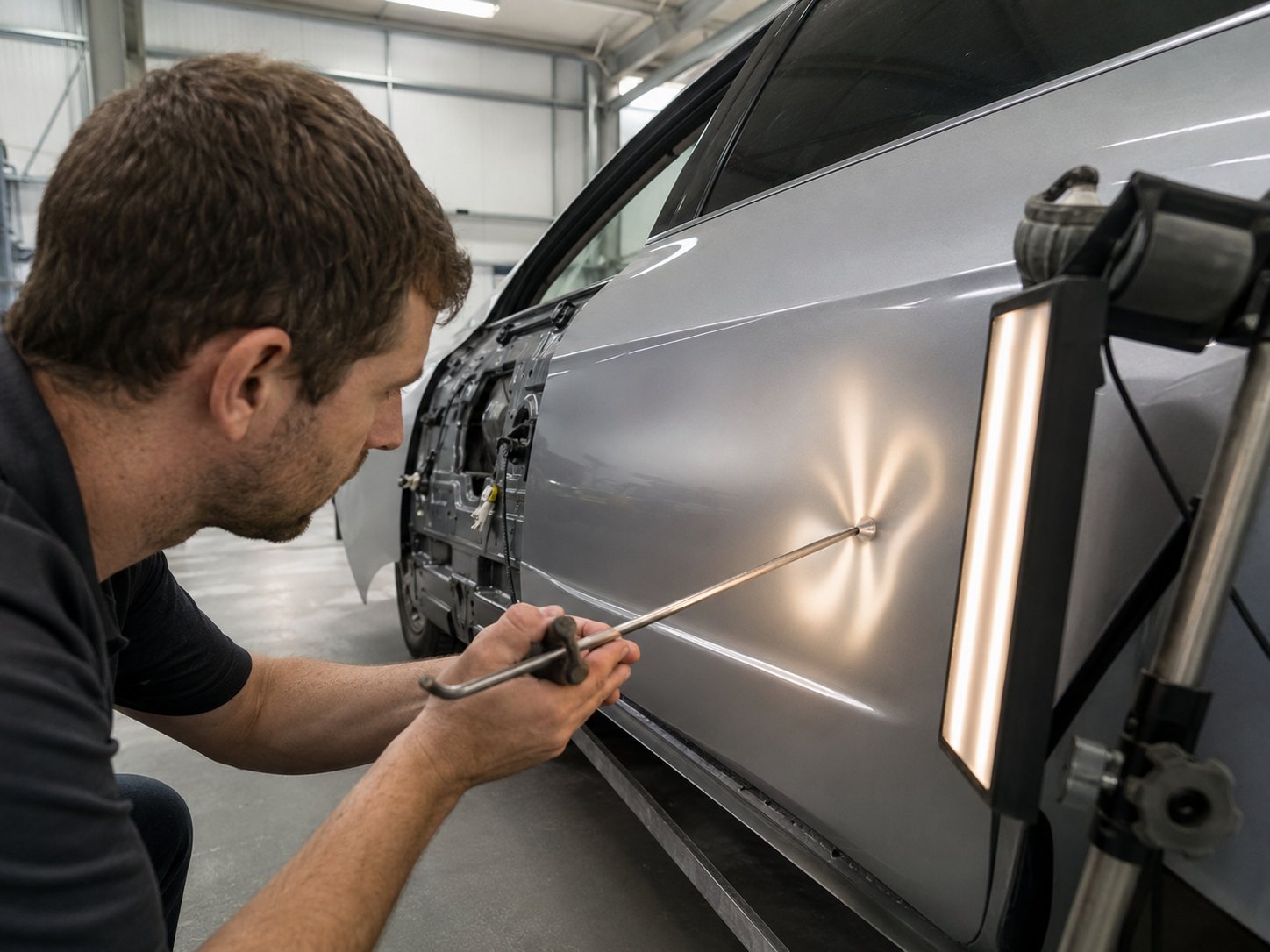 Technician checking a white SUV dent with reflection light