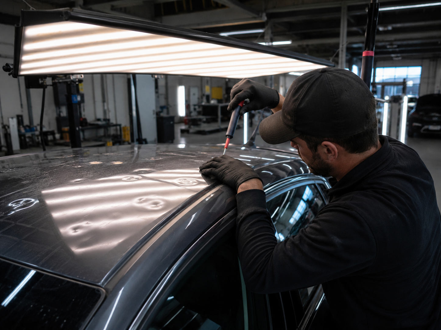 Technician using pull tabs on a dark vehicle panel