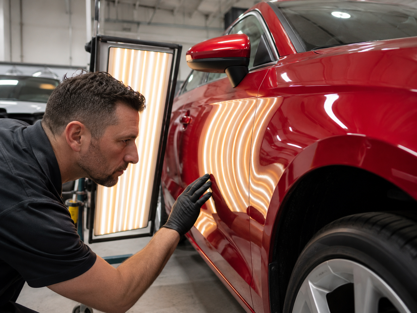 Technician using PDR light on a gray vehicle panel
