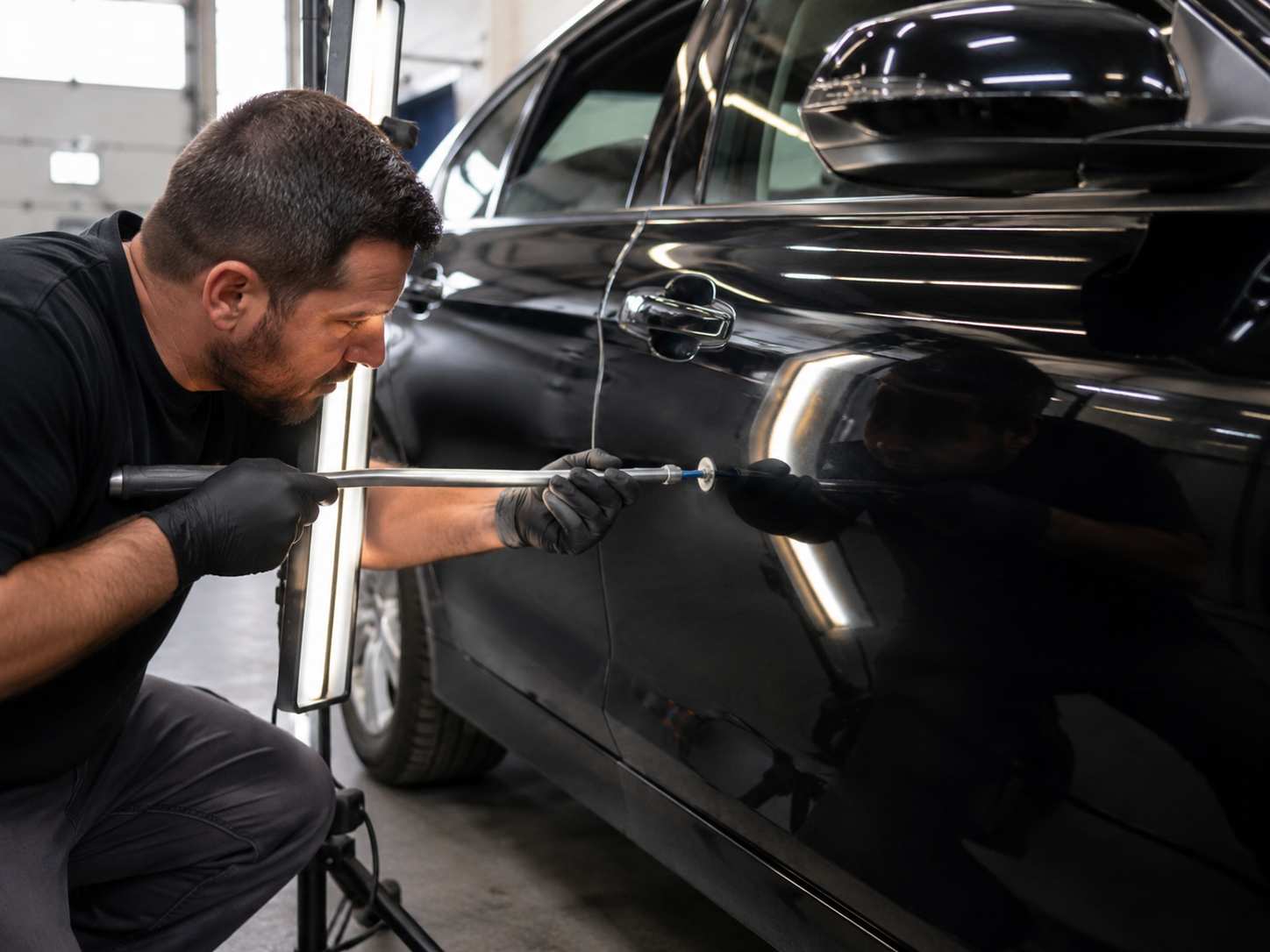 Technician checking a red vehicle quarter panel with PDR light