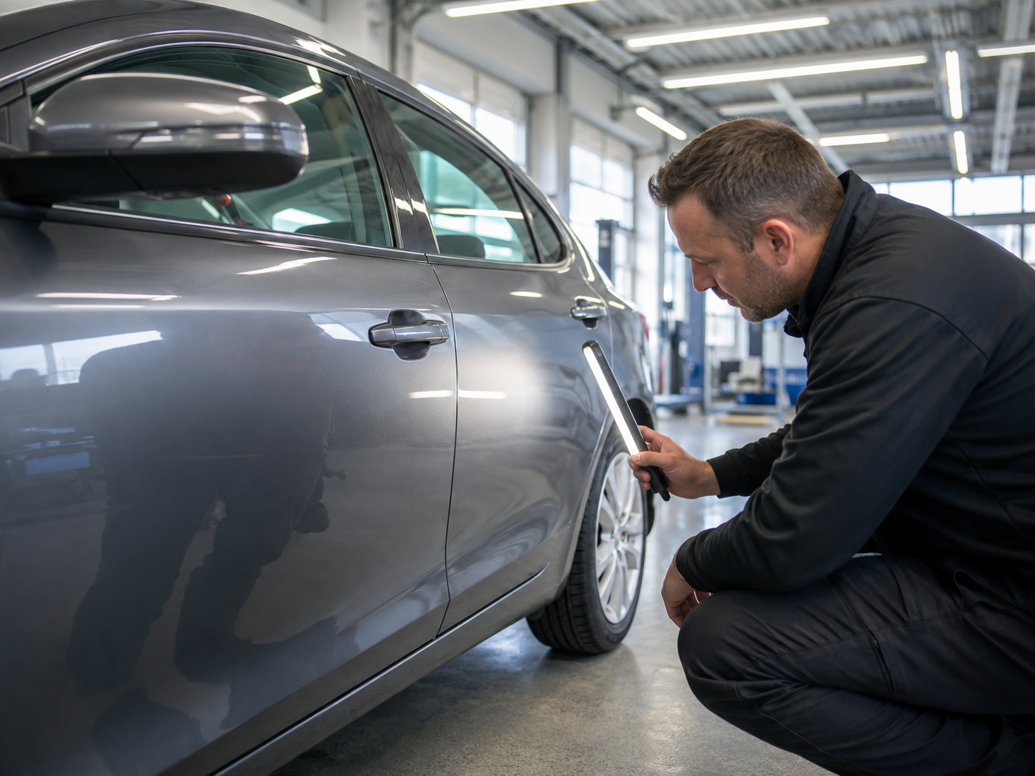 Technician working hail dents on a dark vehicle roof