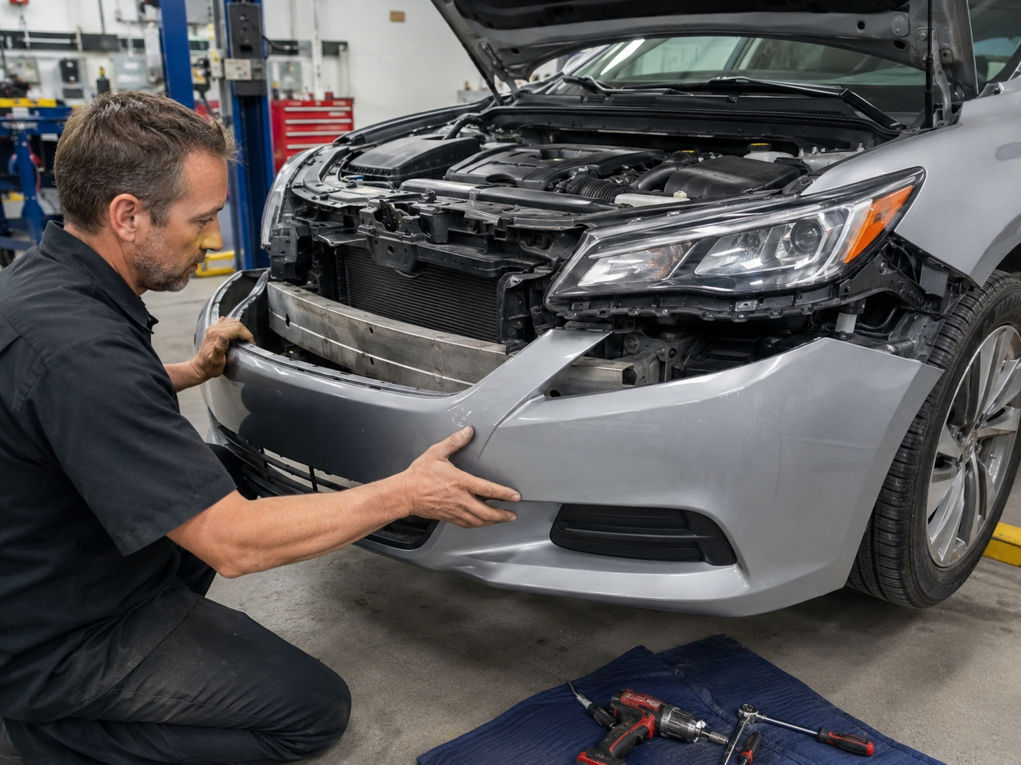 Technician preparing a repaired vehicle panel for paint
