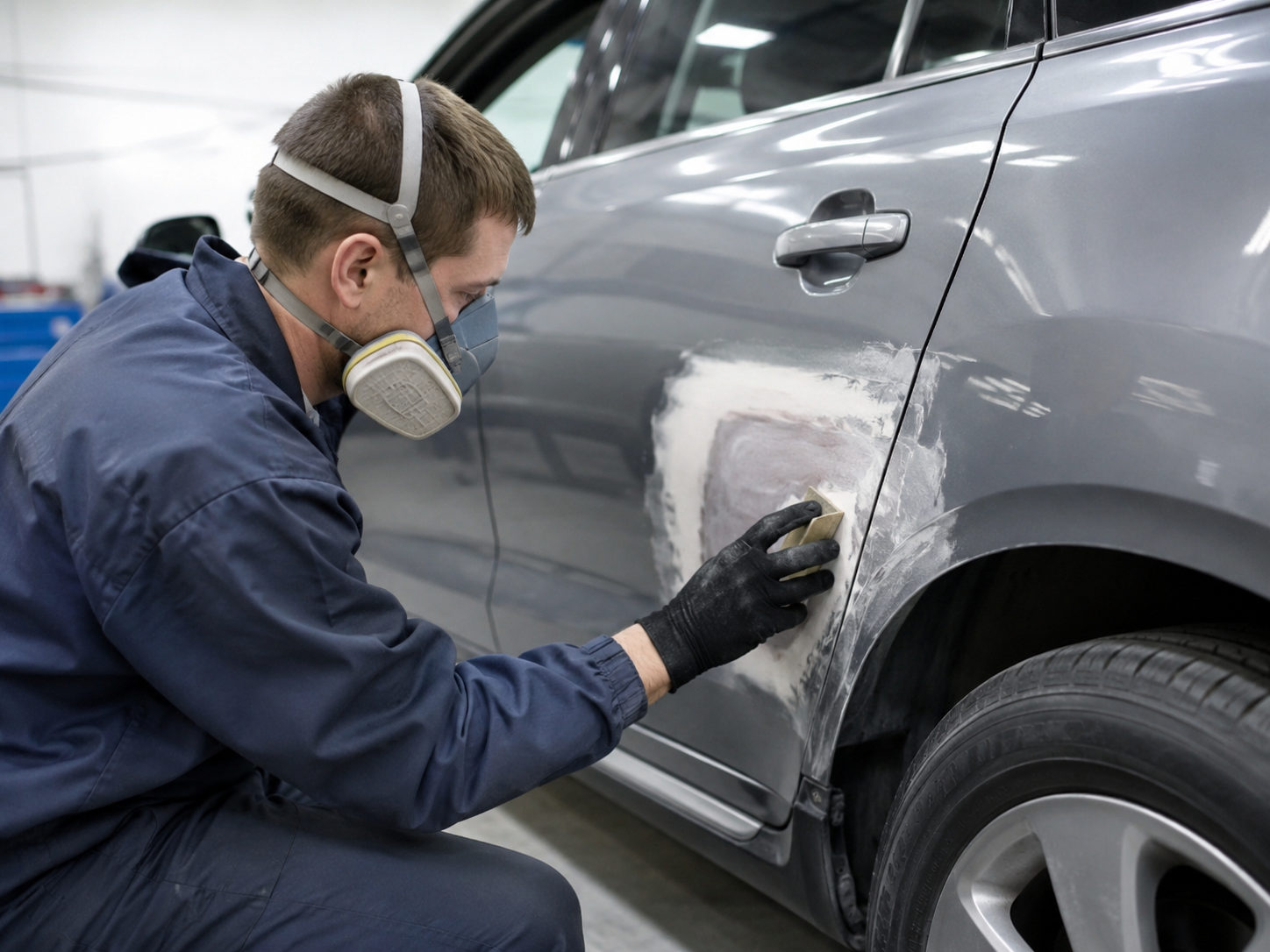 Hands sanding a damaged vehicle panel