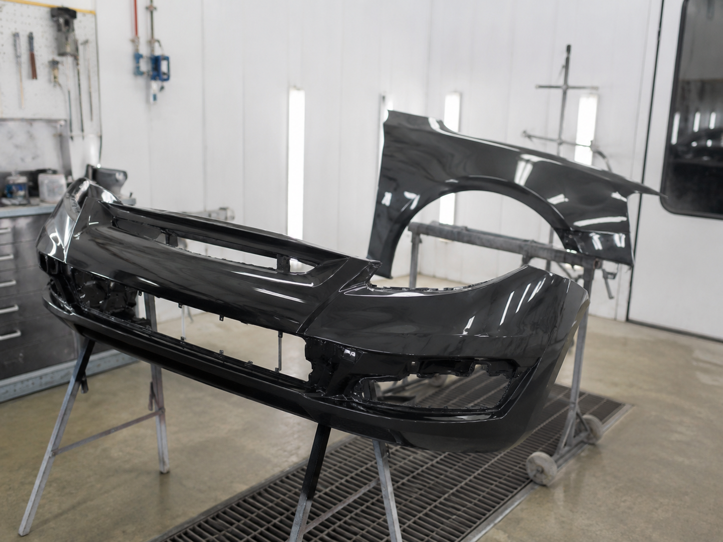 Technician installing a vehicle bumper cover