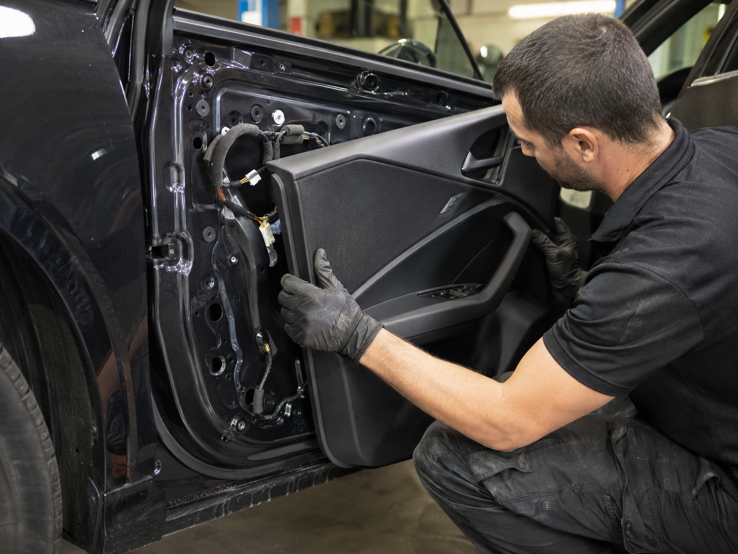 Technician working near a vehicle door panel