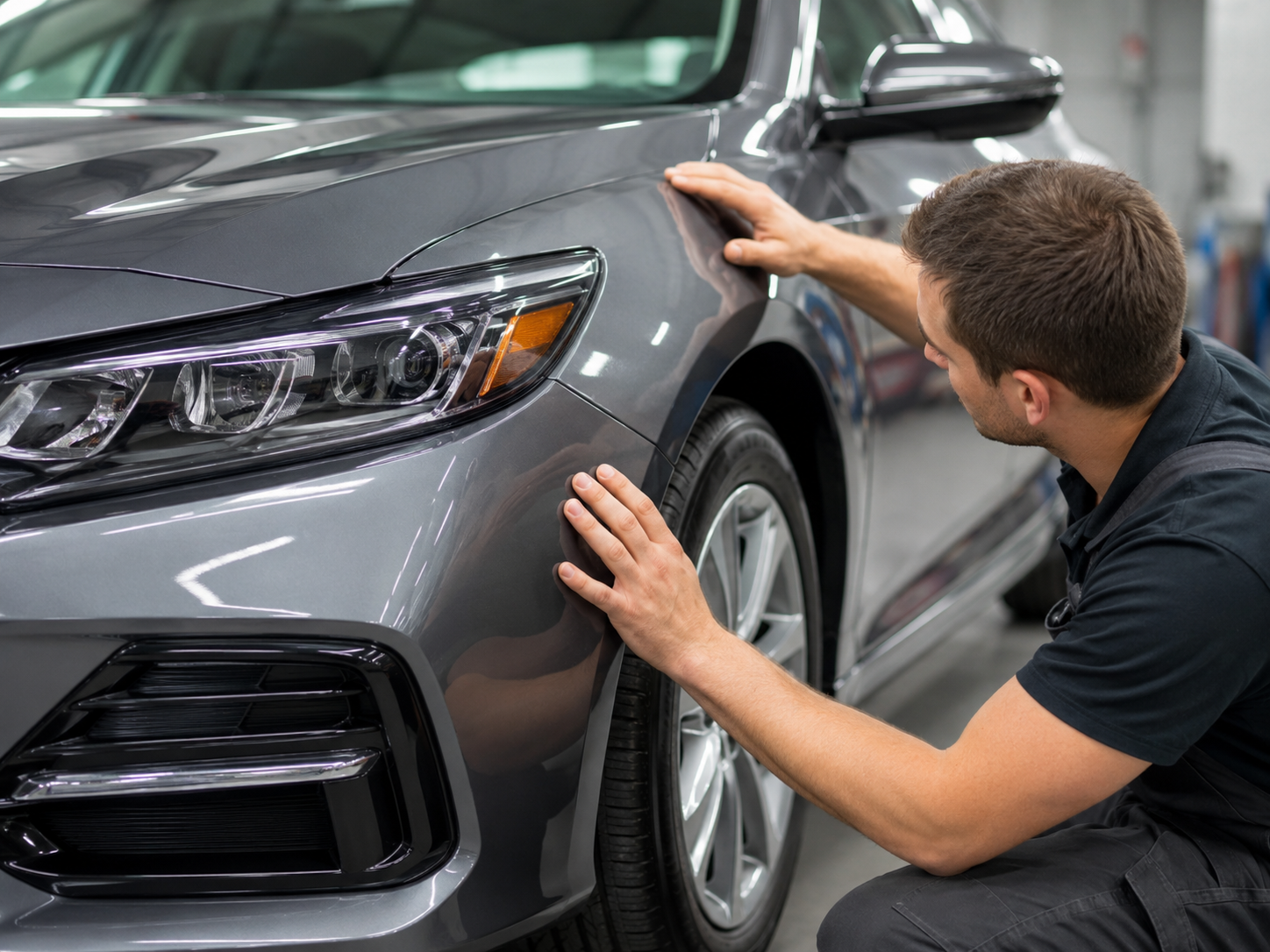 Technician checking the front bumper and headlight area