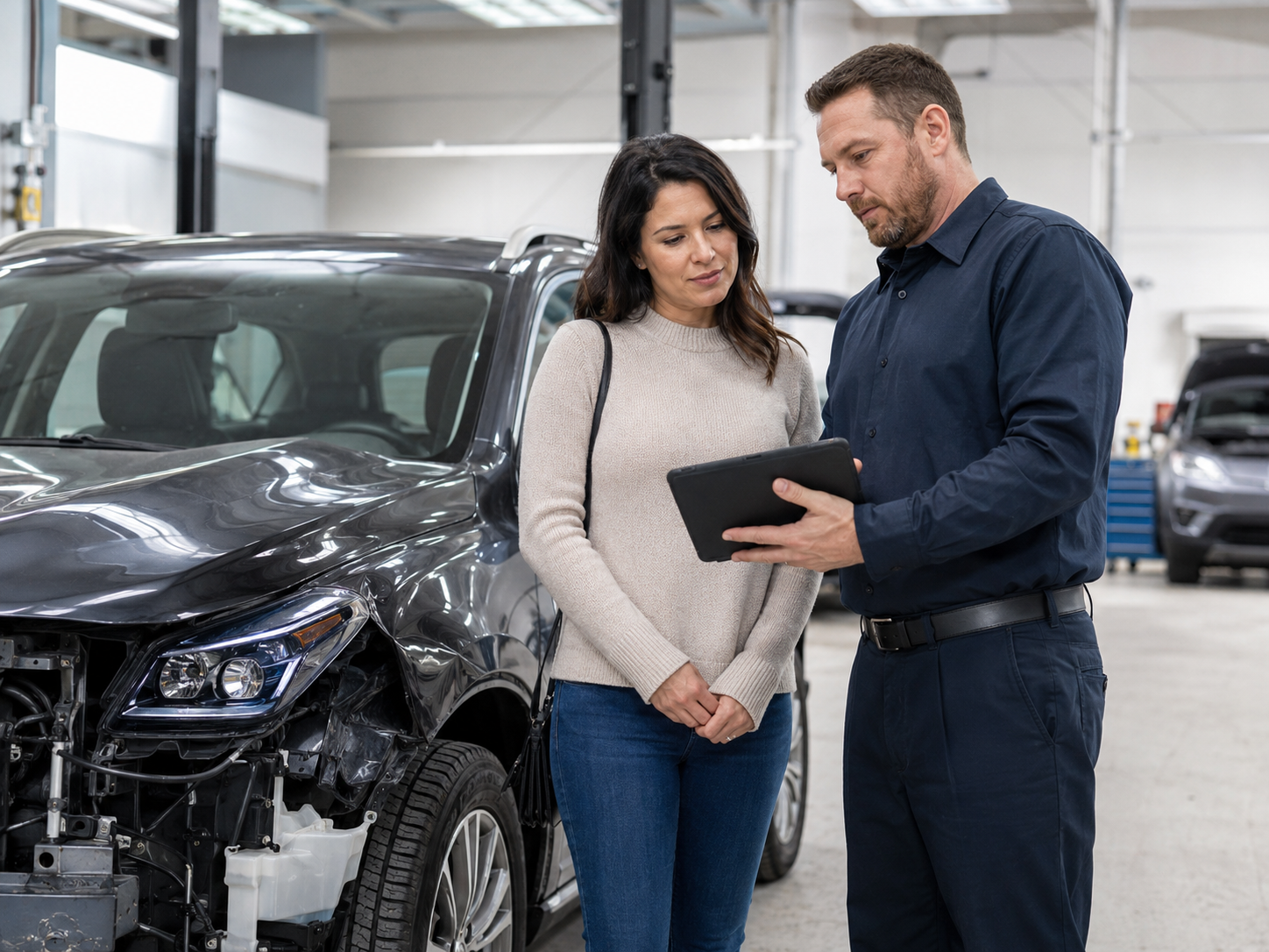 Advisor explaining repair paperwork to customer