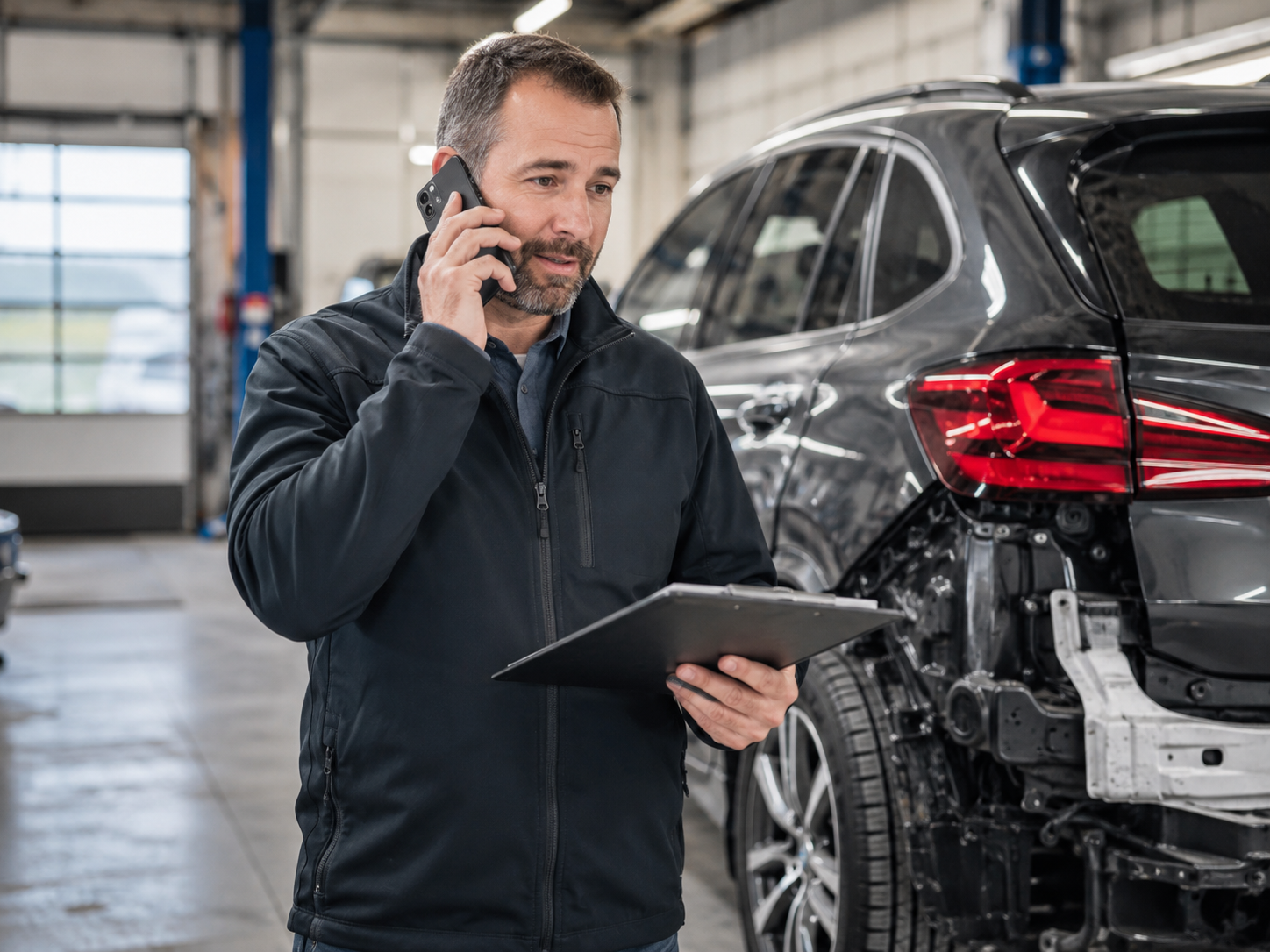 Advisor inspecting collision damage with tablet