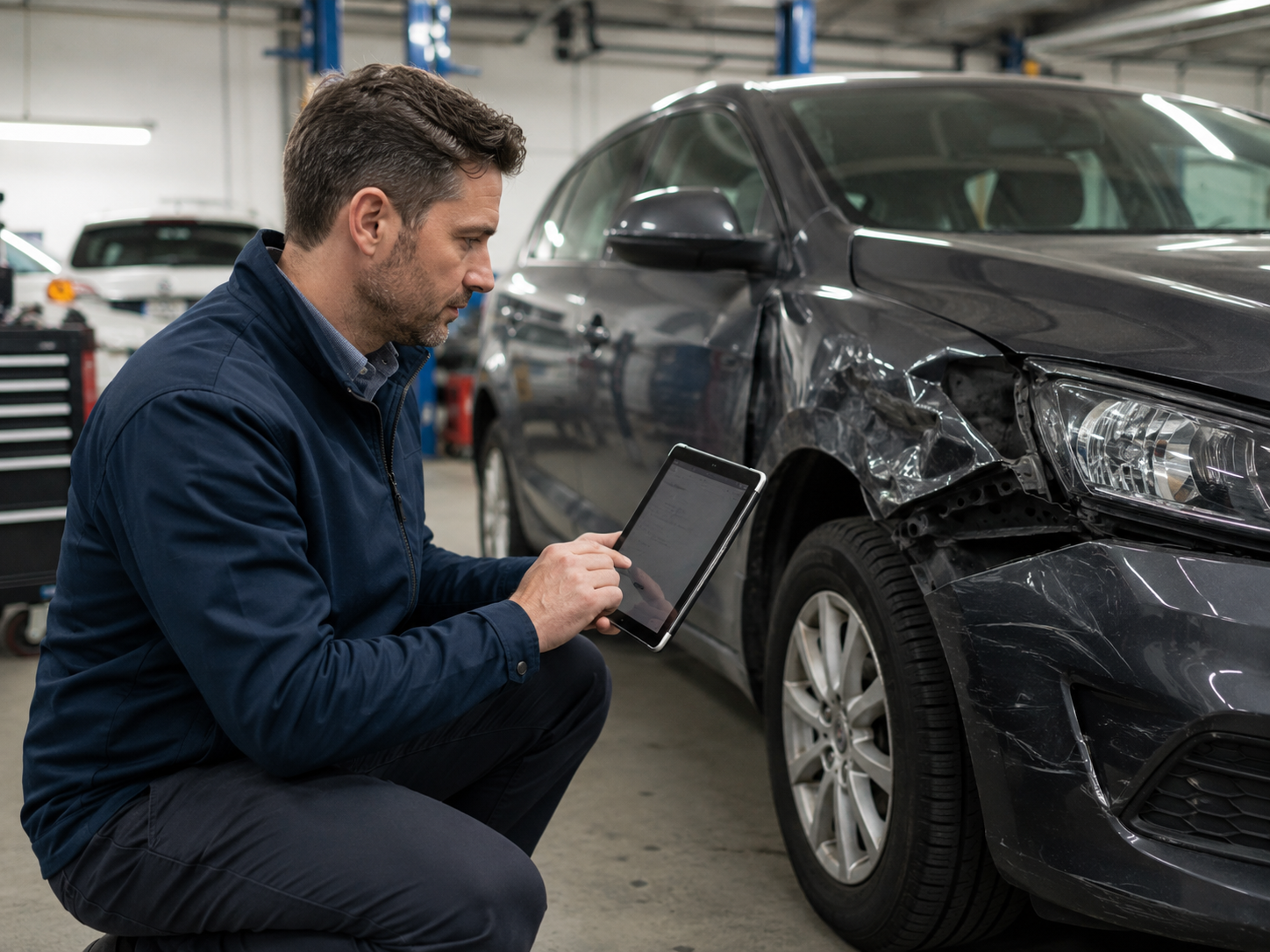 Advisor photographing rear vehicle damage