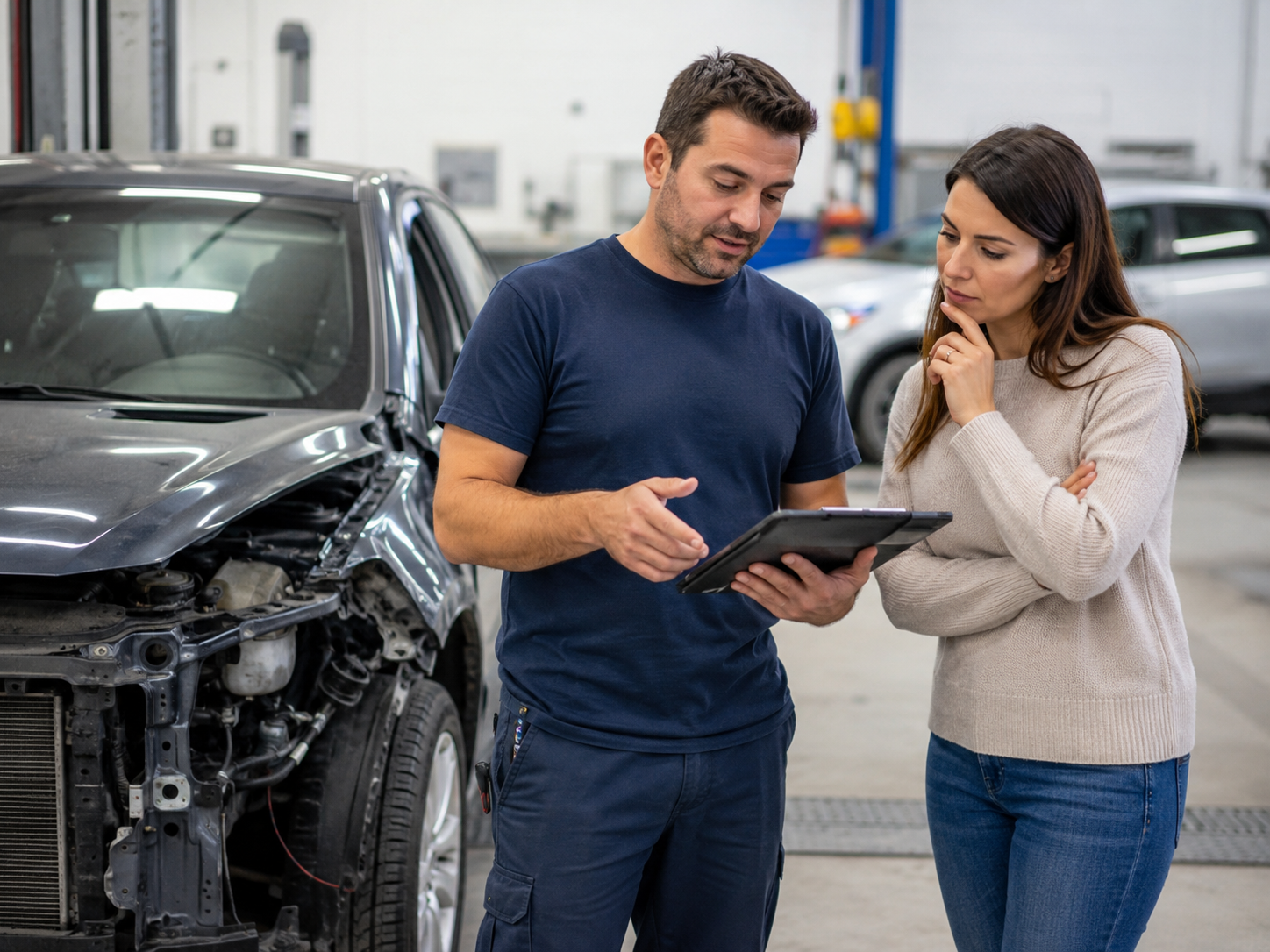 Advisor reviewing damage repair plan with customer beside vehicle